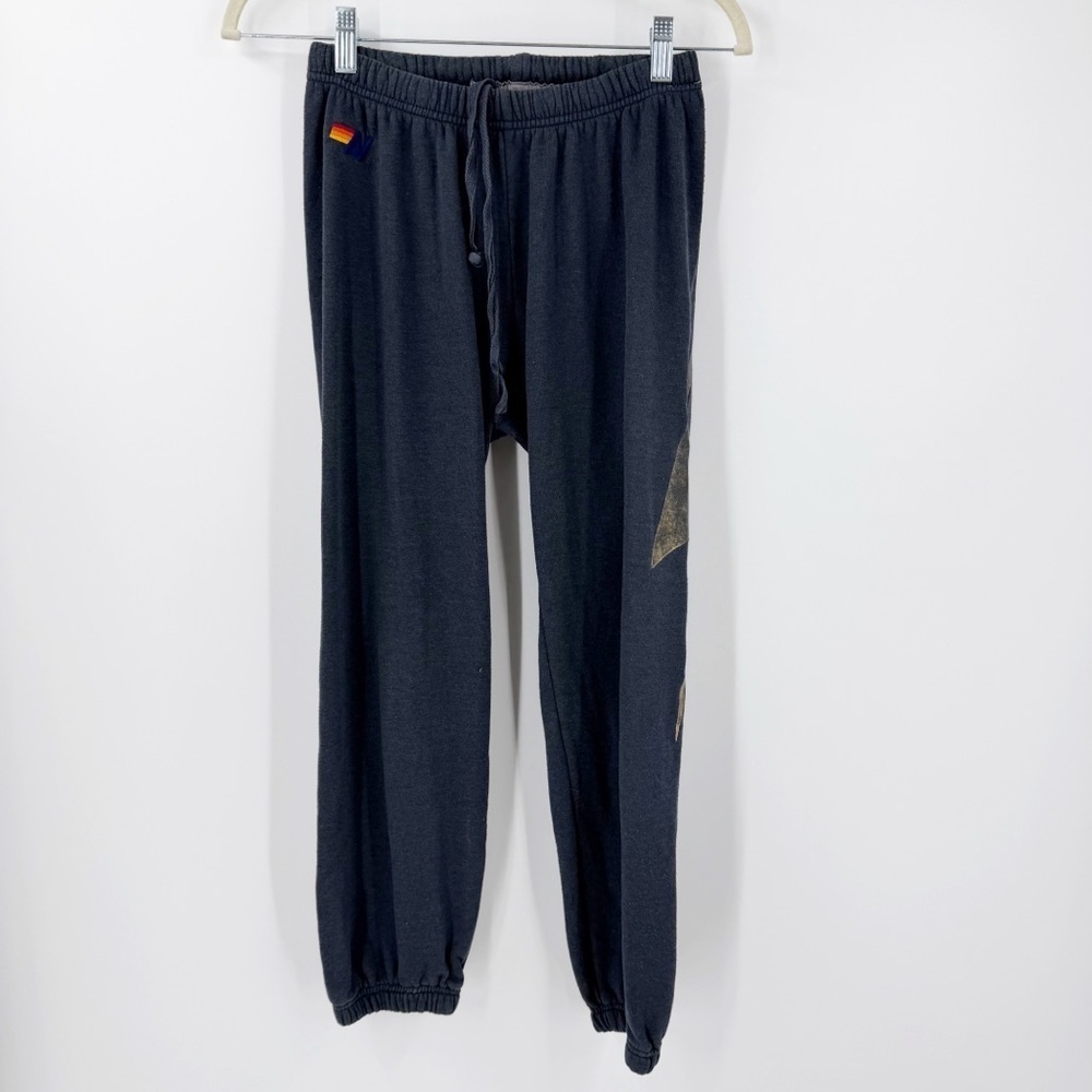 Aviator Nation Lightning Bolt Sweatpants Gray Gold Joggers Size S *Hem 25"